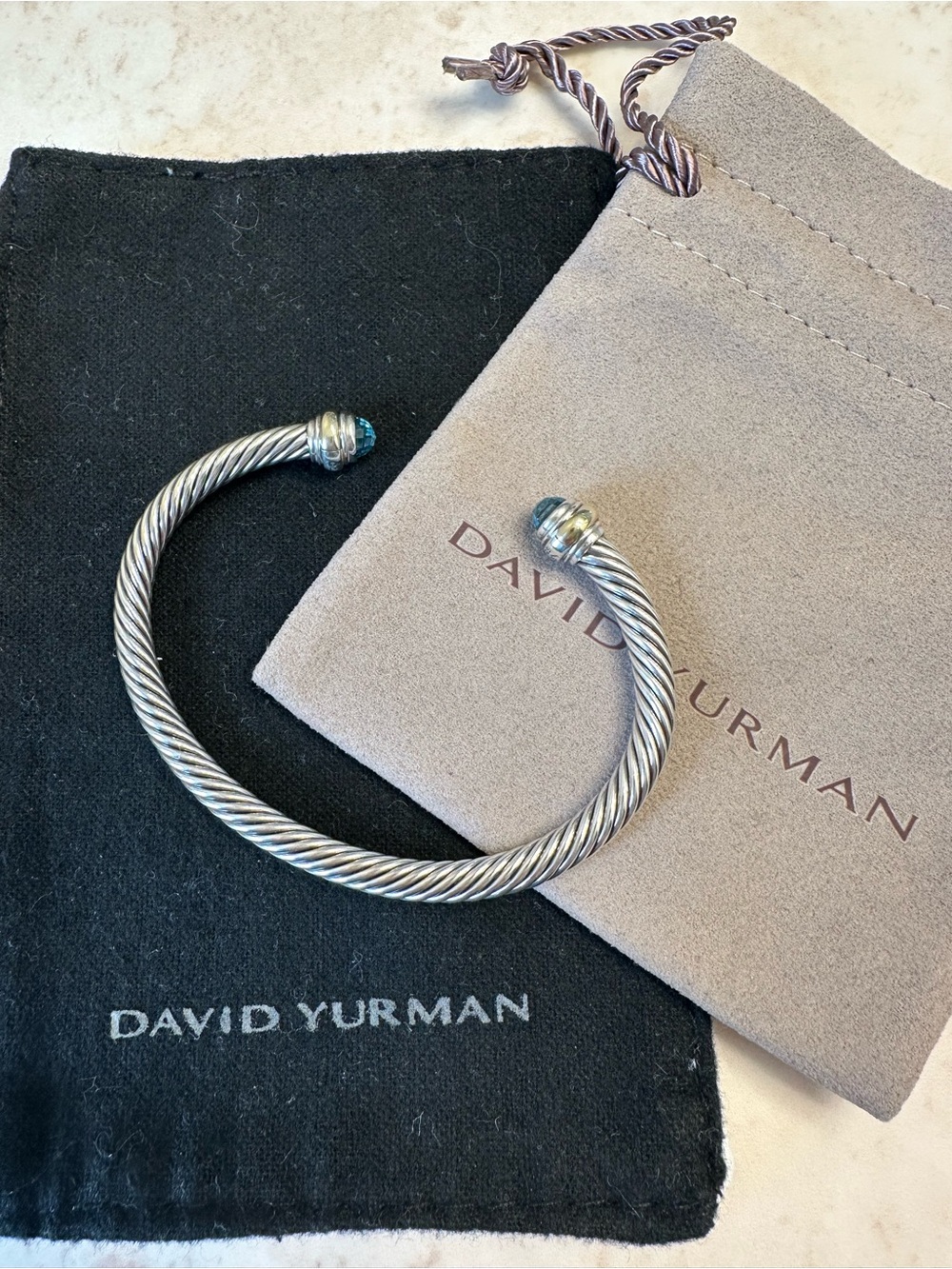 Women’s David Yurman Sterling 6mm Cable Bracelet with Sky Blue Topaz and Gold